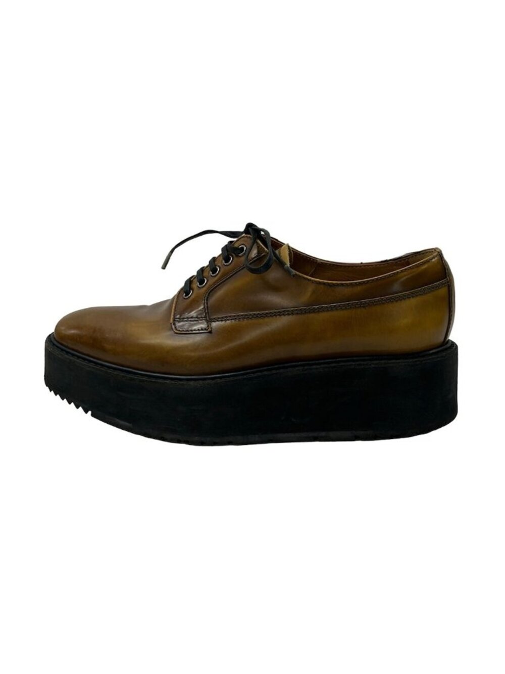 Prada Loafers 37 Ready Sue Brown Black Thick Bottom Lace Sew Up Leather - Picture 1 of 9